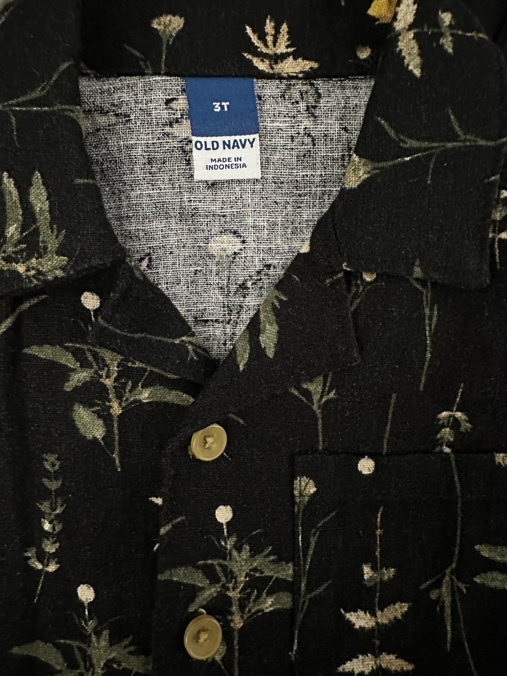 NWT Old Navy Linen Black Botanical Floral Print Button Down Shirt Size 3T - Picture 4 of 5